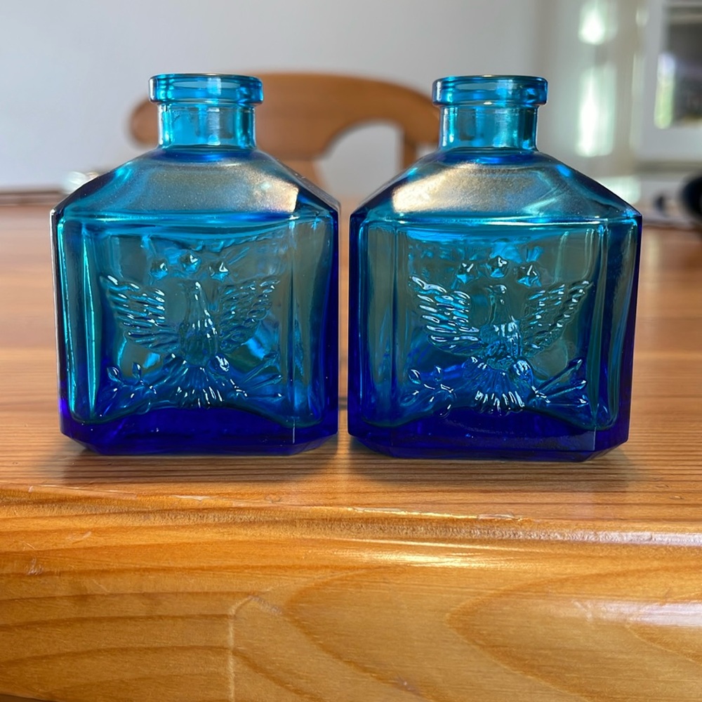 RARE! Wheaton NJ Daniel Webster Recorder Blue Glass Inkwell Bottles (pair of 2)